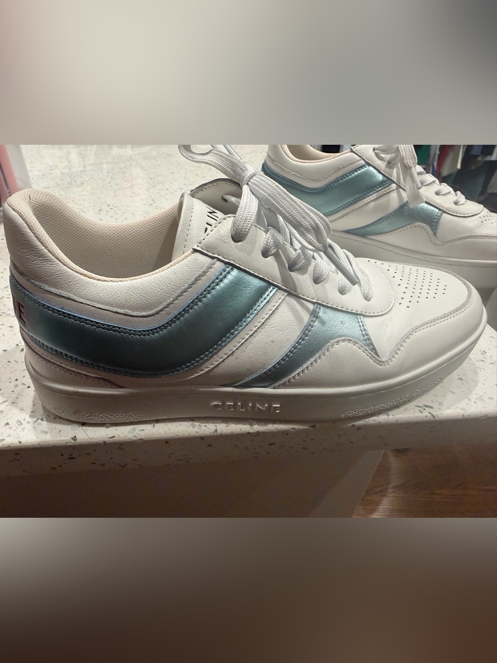 Celine White Leather Sneakers with Metallic Light Blue Detailing